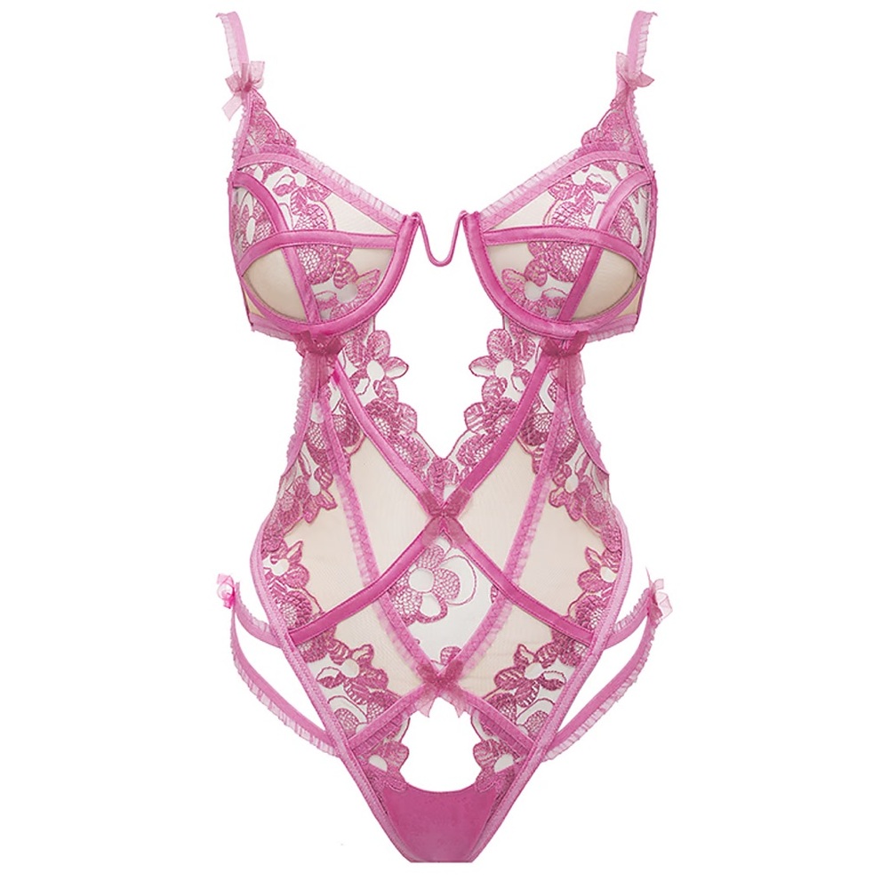 L For Love and Lemons Grace Teddy bodysuit purple floral shimmer foil Large